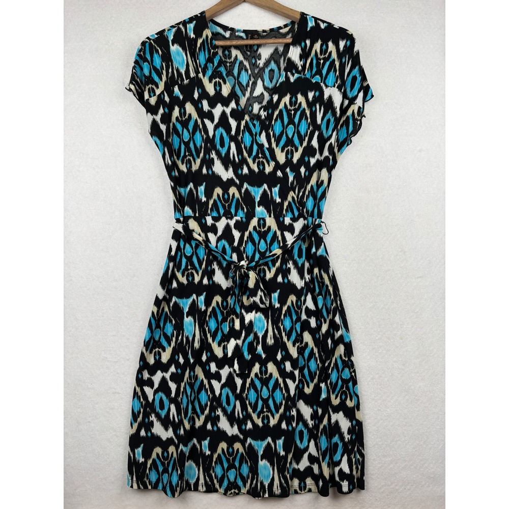 Susan Lawrence Dress Womens Medium Faux Wrap Ikat Print Boho